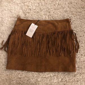 Brown leather fringe mini skirt